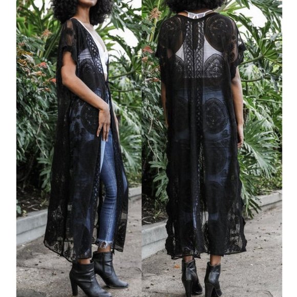 Boho Gypsy Black Crochet Lace Long Maxi Kimono Cardigan Duster Beach Cover Up - Picture 1 of 6